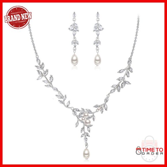 Cubic Zirconia Bridal Jewelry Set Marquise Pearl Vine Leaf Necklace Earrings